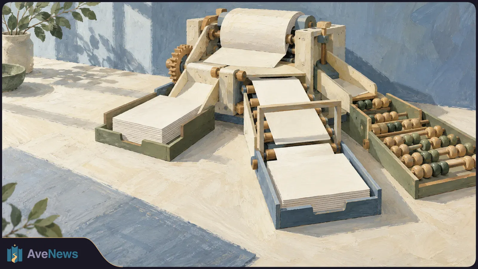 Painted scene of a wooden paper-processing machine feeding blank sheets into two trays, with an abacus on the right and a potted plant on the left. SI illustration