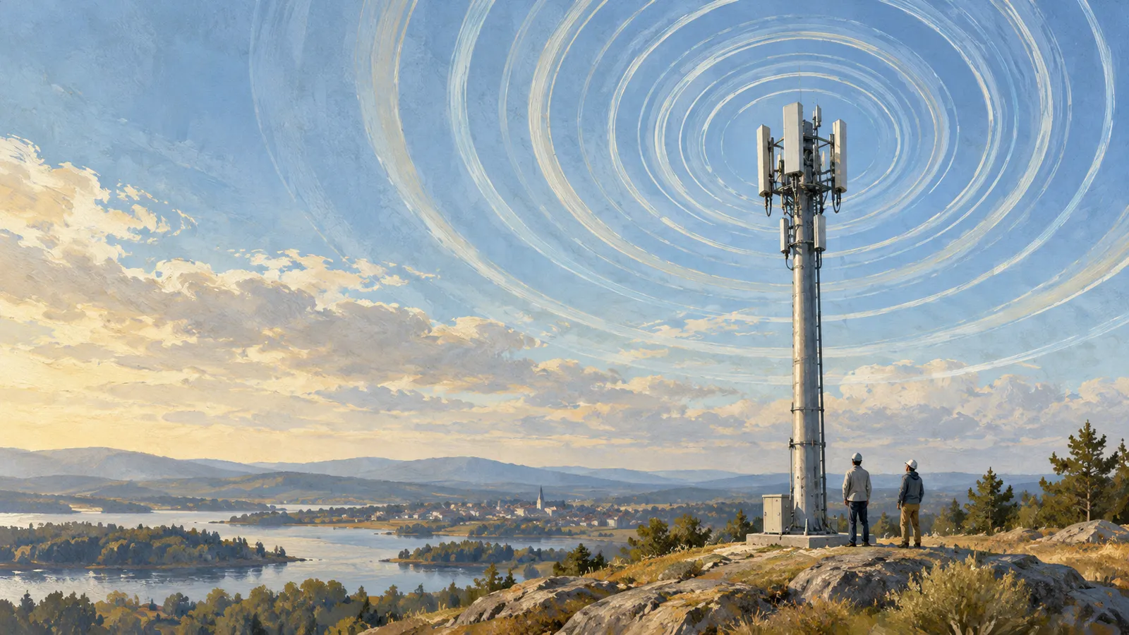 An illustrated cell tower stands on a rocky hill beside two people, with concentric rings in the sky above a lake and distant town. SI illustration