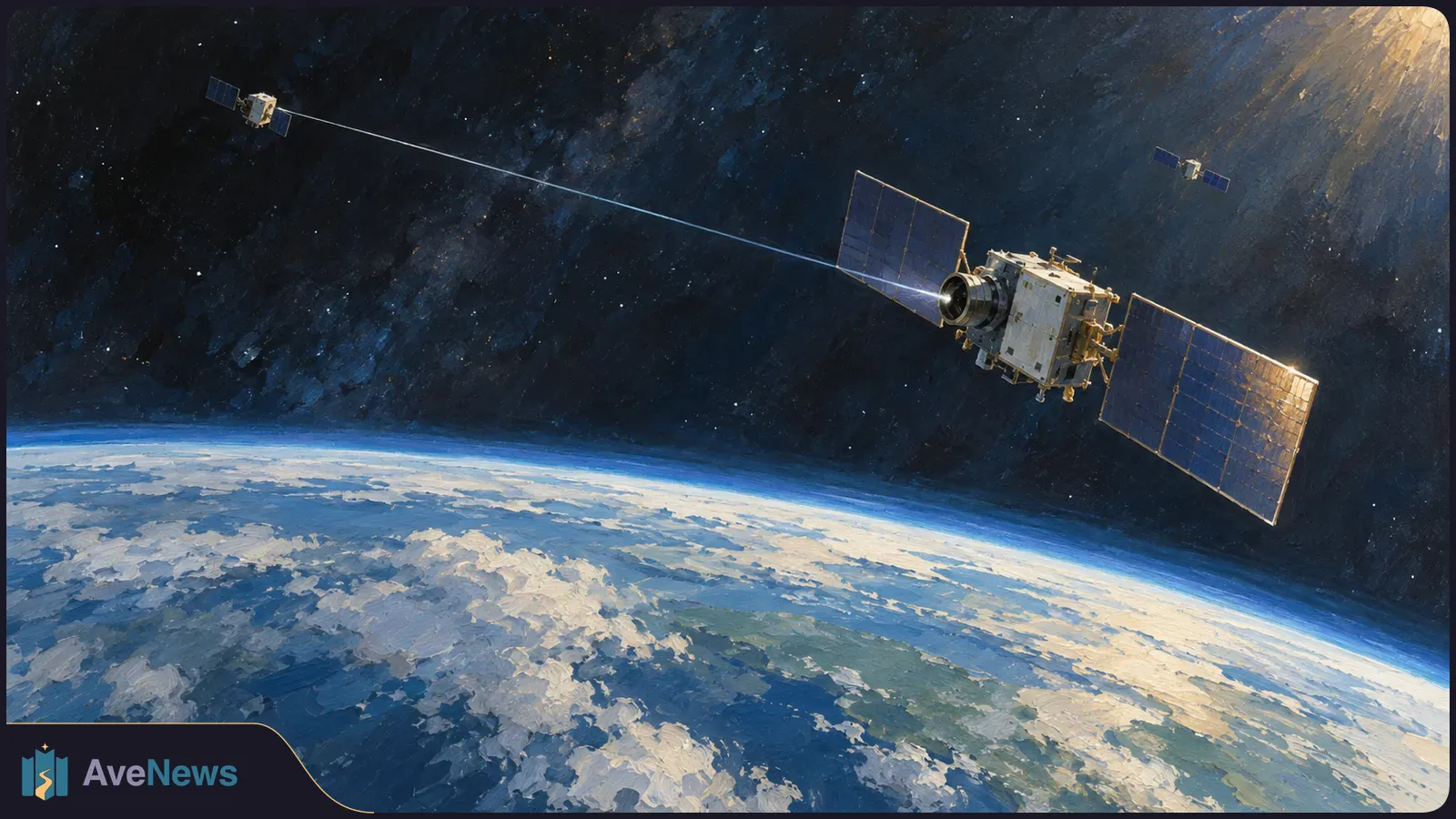 A painted view of three satellites above Earth, with a thin blue line connecting the large foreground satellite to one in the distance. SI illustration