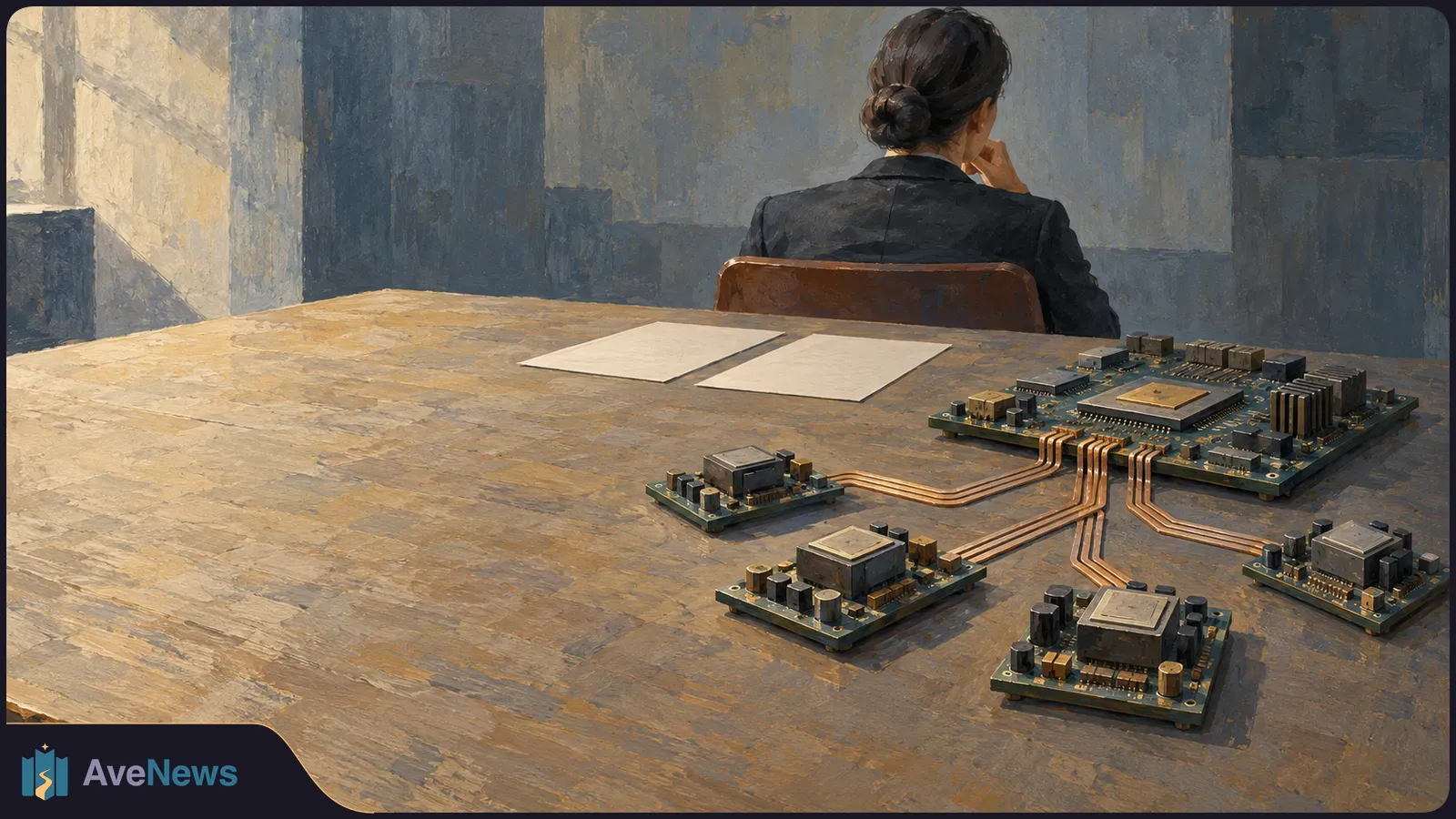 Illustration of a person seen from behind at a wooden table with two blank sheets and several circuit boards connected by copper-colored wires. SI illustration