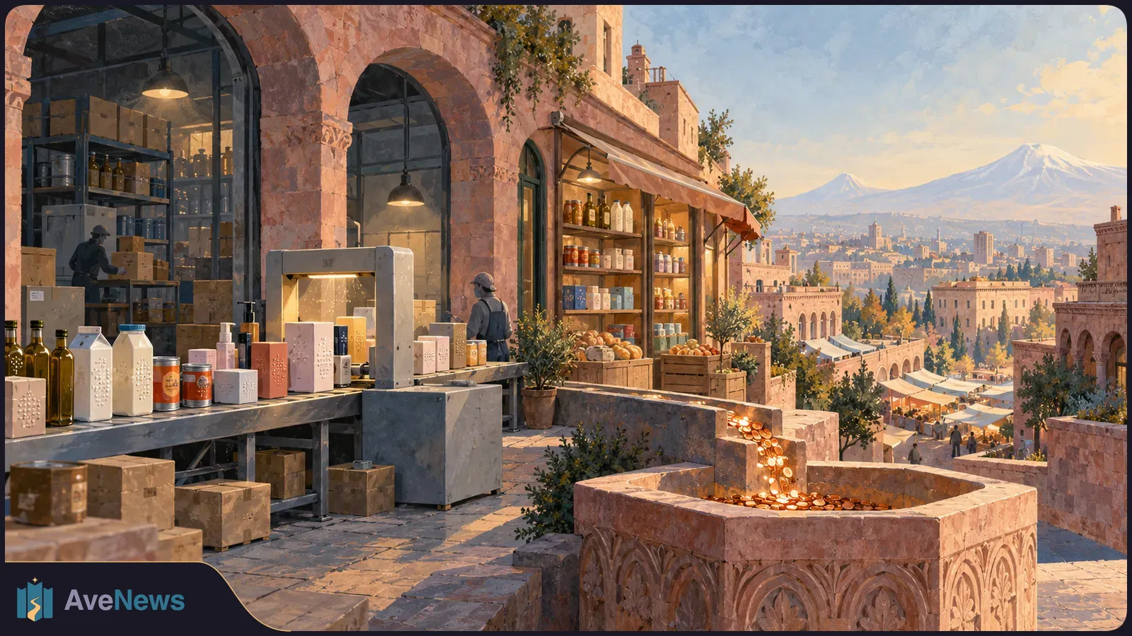 Painted market storefront with bottles, cartons and produce beside a stone basin overflowing with coins; an Armenian-style city and snow-capped mountain lie beyond. SI illustration