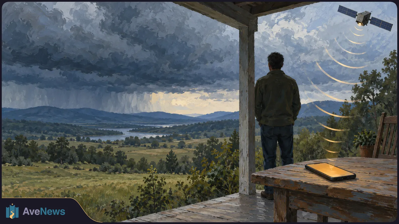A man stands on a porch overlooking a valley beneath storm clouds. A satellite in the sky sends curved signal lines toward a phone on a wooden table. SI illustration