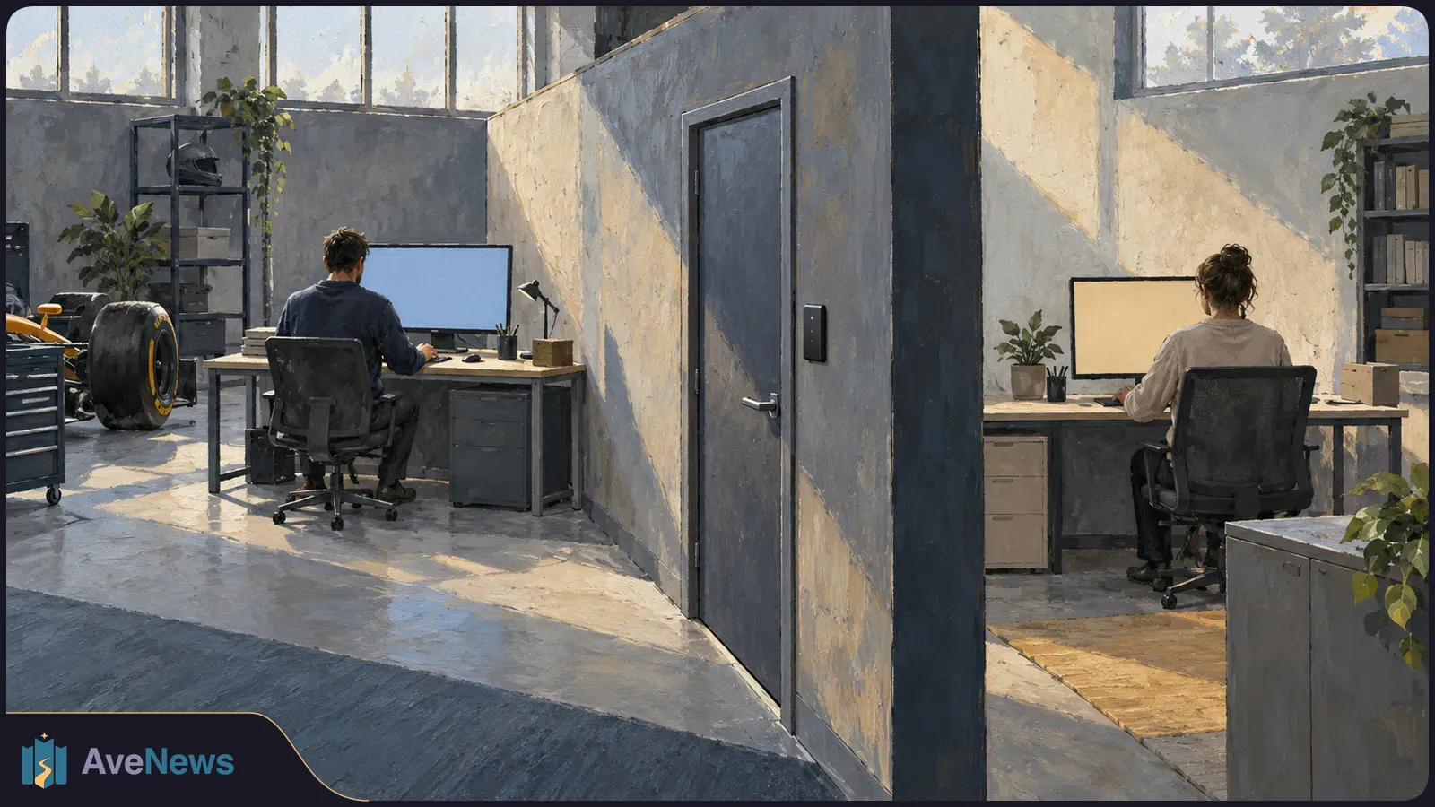 Painted office scene with two people working at separate desks on either side of a dividing wall and closed door. Both computer screens are blank. SI illustration