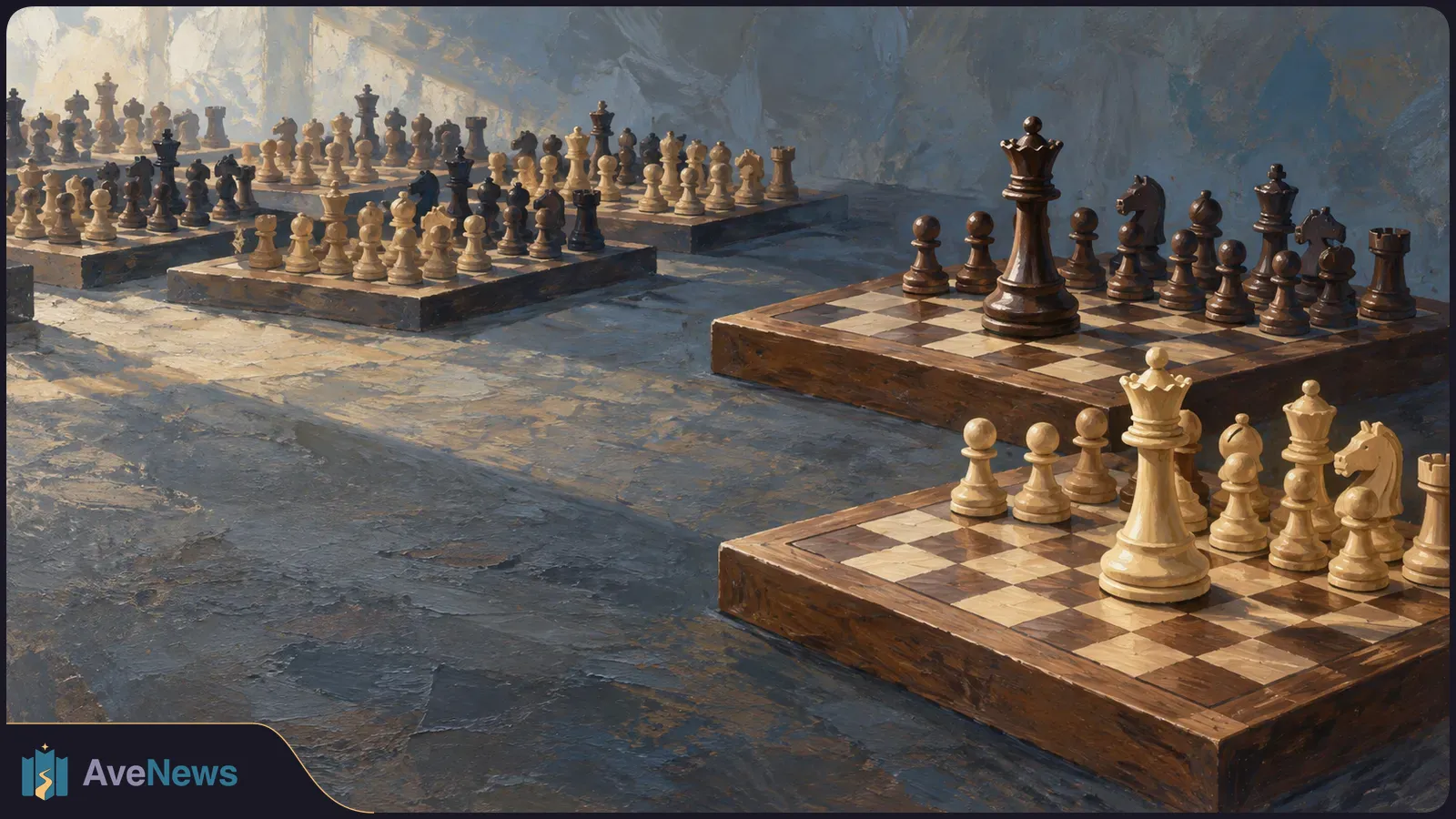 A painted scene of several chessboards with light and dark pieces, receding across a blue-gray stone floor. Two large queens stand in the foreground. SI illustration