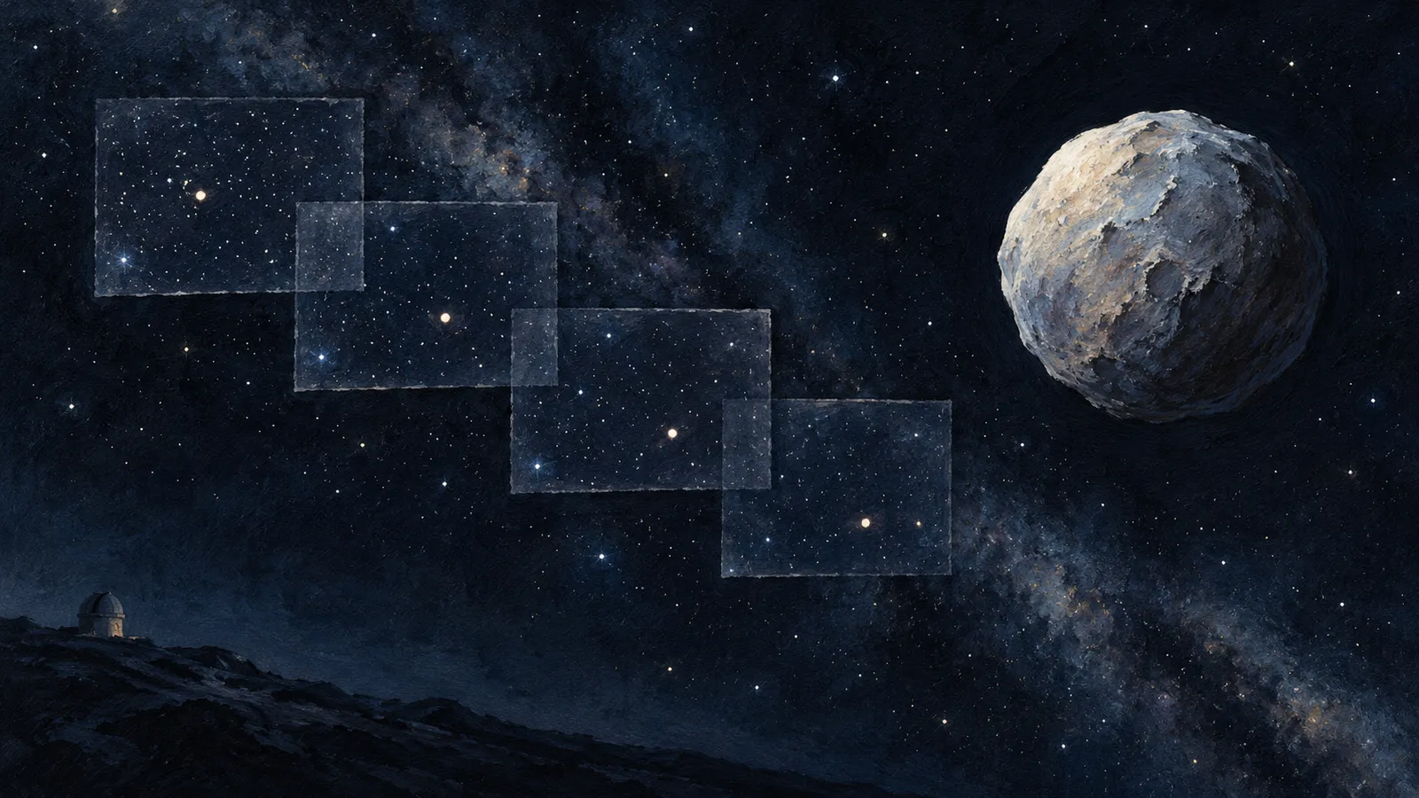 Illustration of a rocky spherical body against a star-filled sky, with overlapping translucent star-field panels and a small observatory on a dark ridge. SI illustration