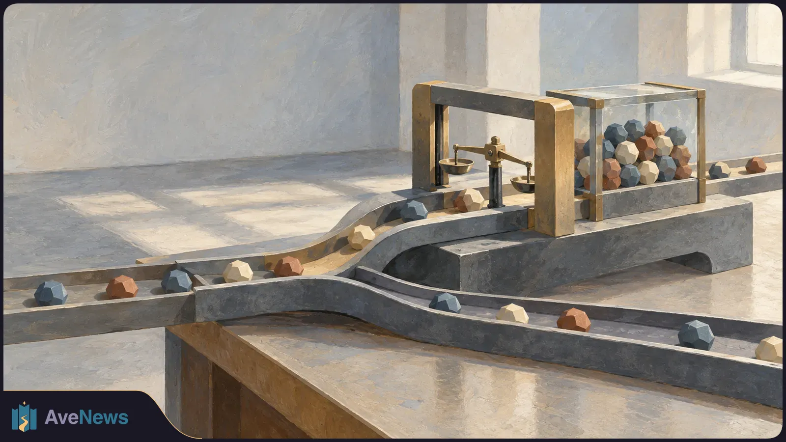 Painted illustration of coloured faceted balls moving along branching channels past a small balance scale and a glass box filled with more balls. SI illustration