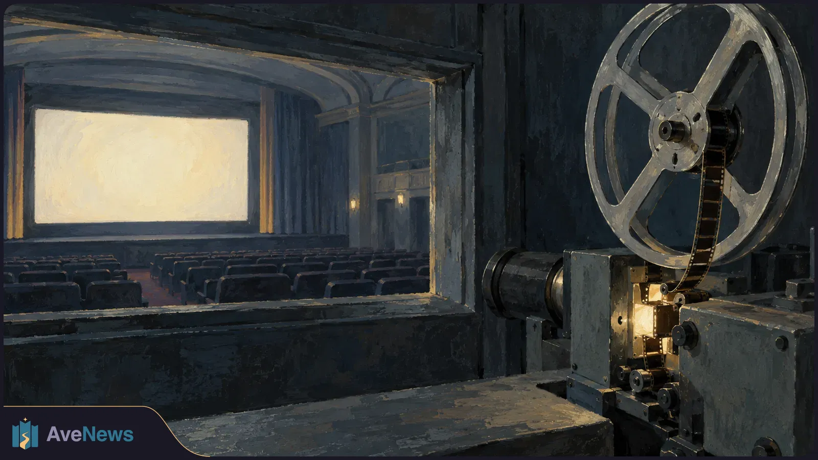 Painted view from a projection booth: a film projector and reel face an empty cinema with a glowing blank screen. SI illustration
