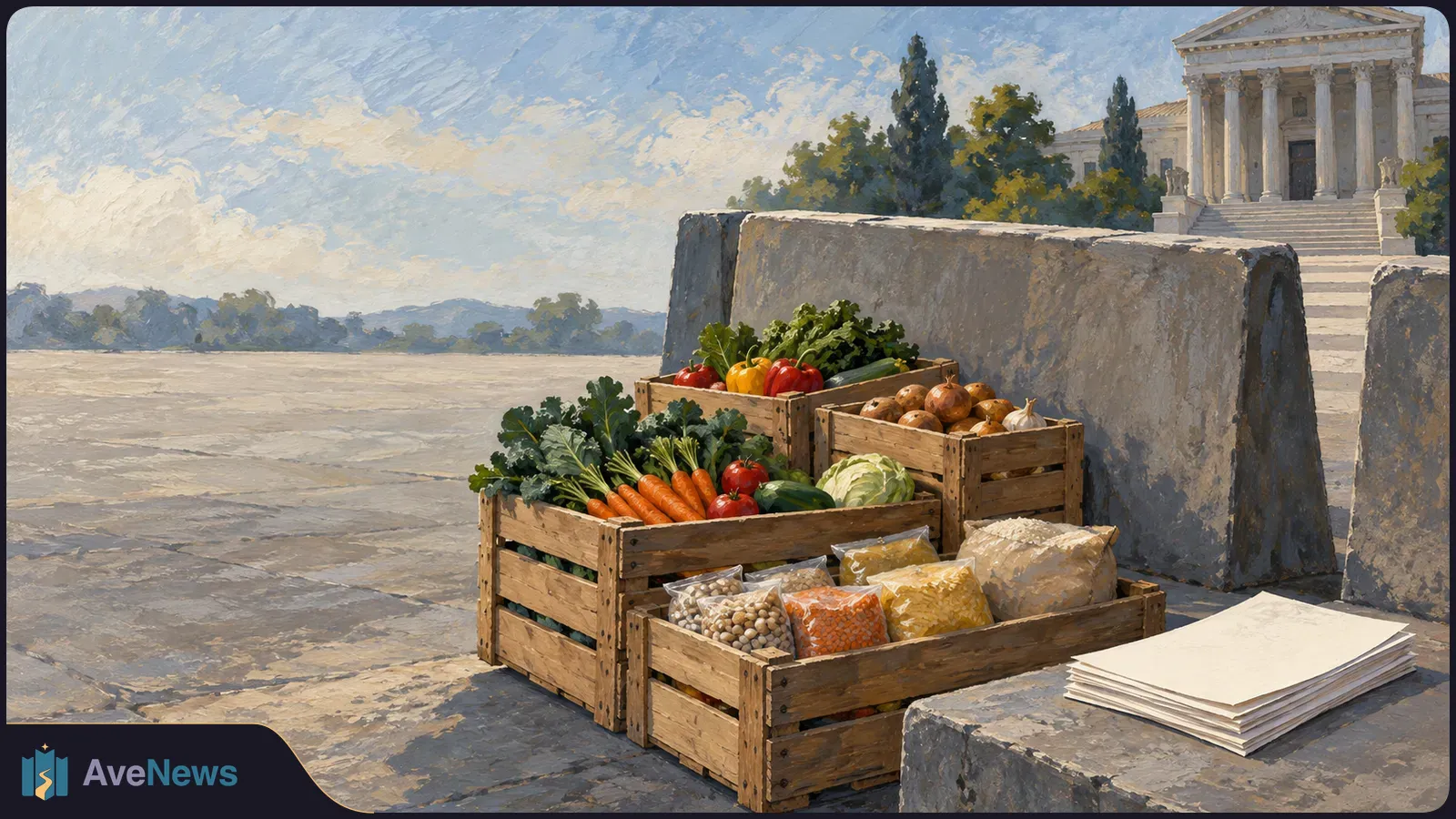 Painted scene of wooden crates filled with vegetables and packaged foods beside blank papers and concrete barriers, with a columned building in the background. SI illustration