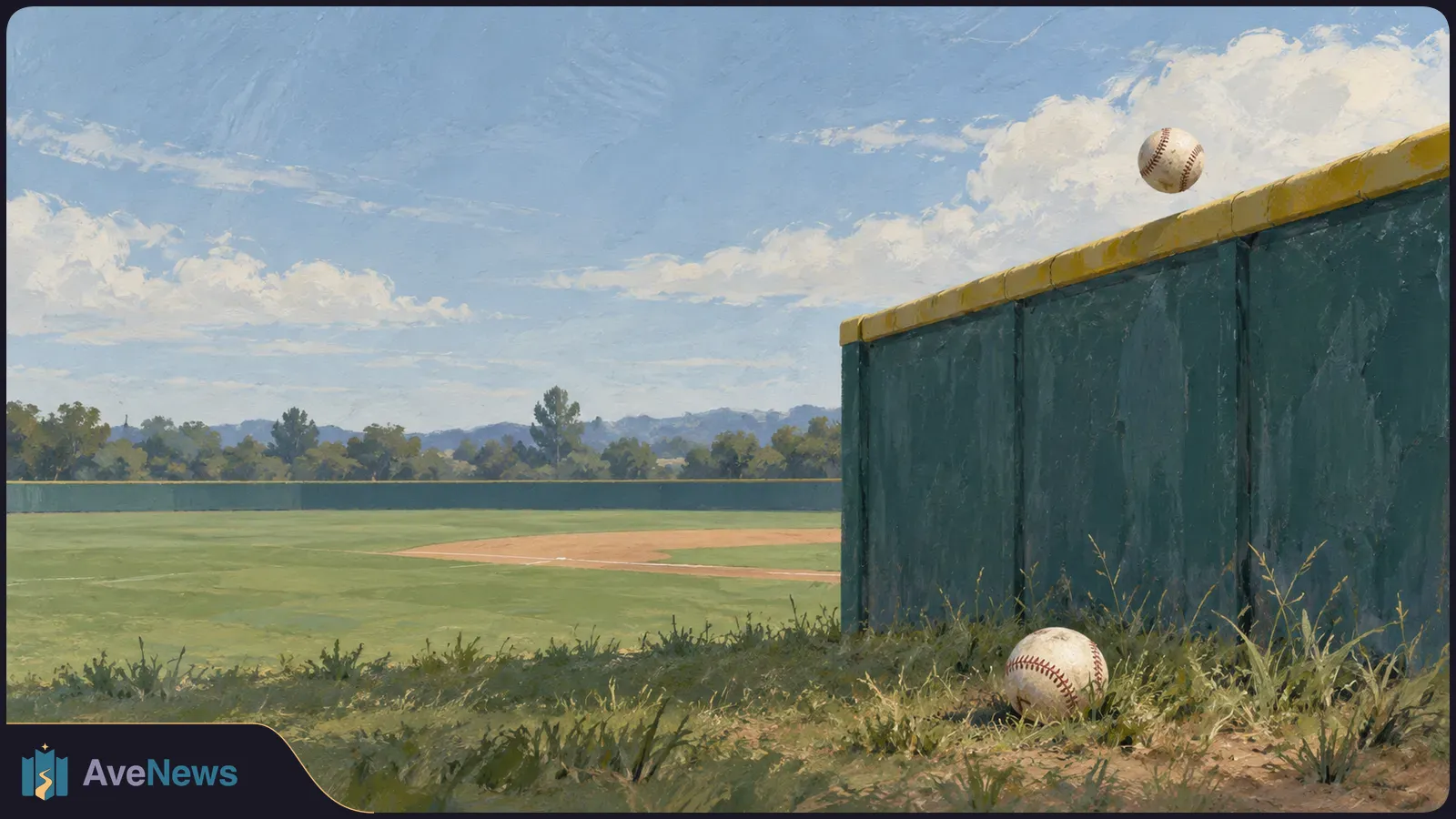 Painted baseball field with a tall outfield wall, one baseball in the grass and another above the wall under a cloudy sky. SI illustration