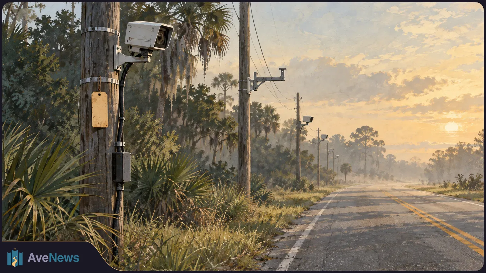 A box-shaped camera on a wooden pole beside an empty two-lane road; smaller pole-mounted cameras recede into a hazy sunset among palms and trees. SI illustration
