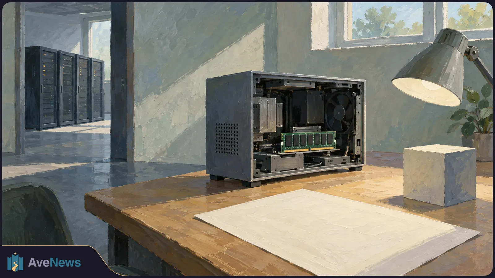 Painted scene of an open desktop computer showing a memory module and fan on a wooden desk, with server racks visible through a doorway. SI illustration