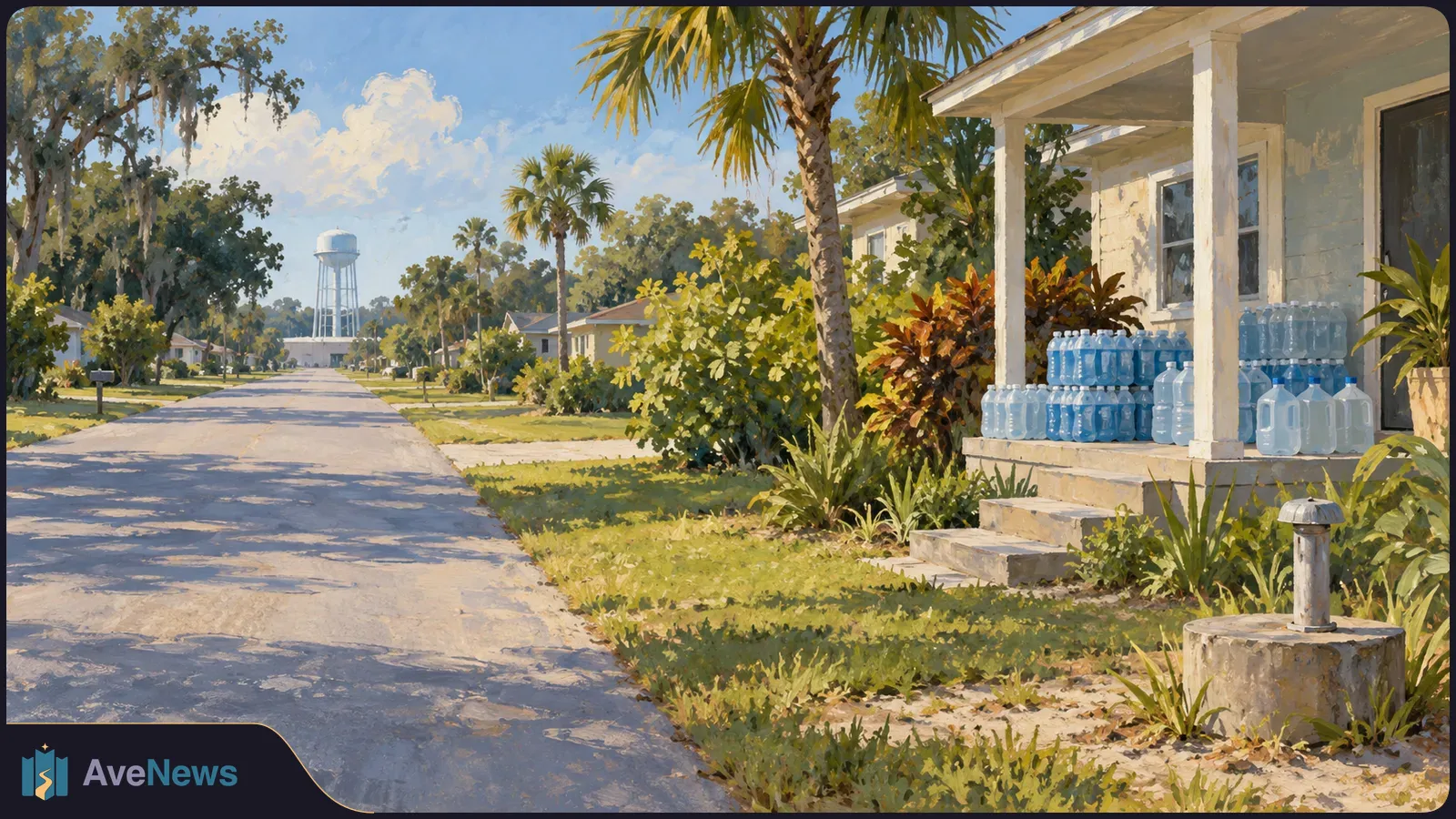 Painted view of a palm-lined residential street, with rows of water bottles and jugs on a porch and a water tower in the distance. SI illustration