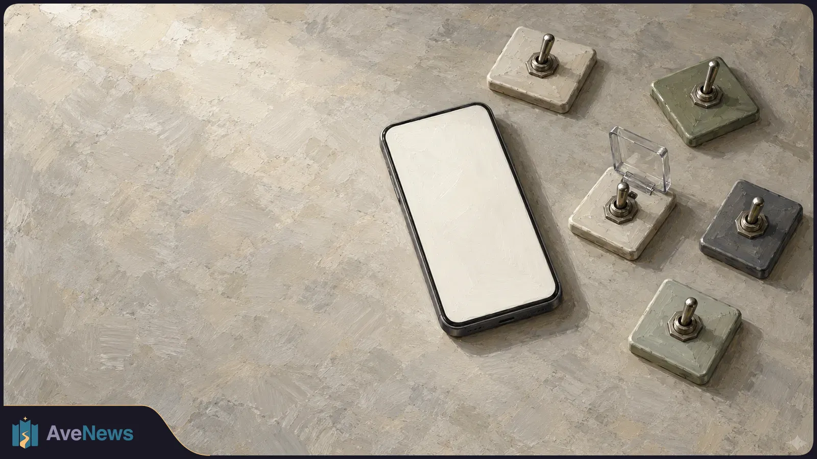 A blank-screen smartphone lies beside five separate toggle switches on a textured beige surface; one switch has a clear protective cover. SI illustration