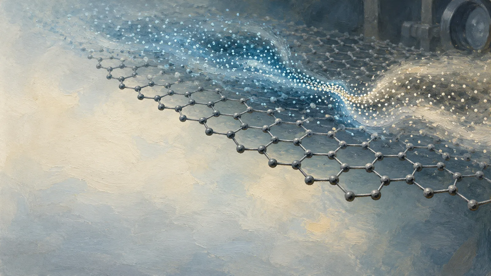 A painterly hexagonal lattice of dark spheres stretches beneath flowing blue and cream waves dotted with light. SI illustration