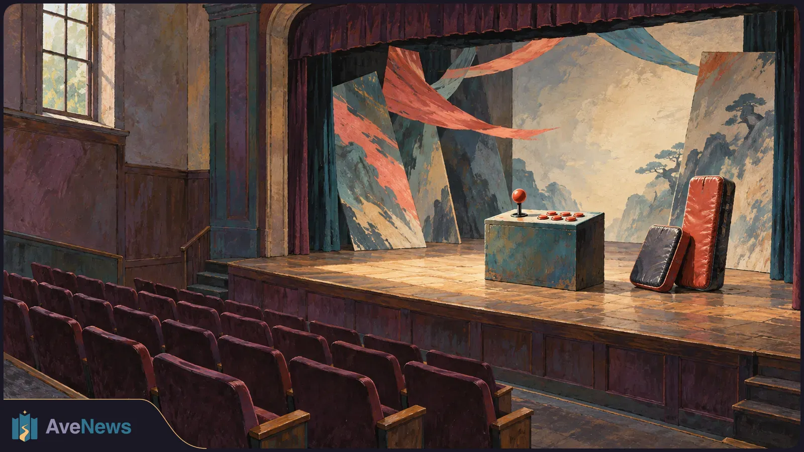 An illustrated theater with empty seats facing a stage, where a small arcade-style control box stands amid painted scenery and draped fabric. SI illustration