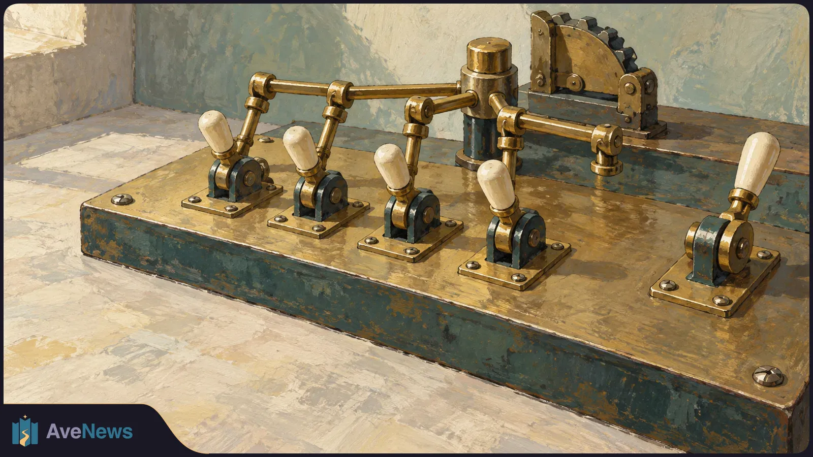 Painterly illustration of five ivory-handled levers on a brass-and-blue metal base, linked by rods to a central mechanism and a gear at the back. SI illustration