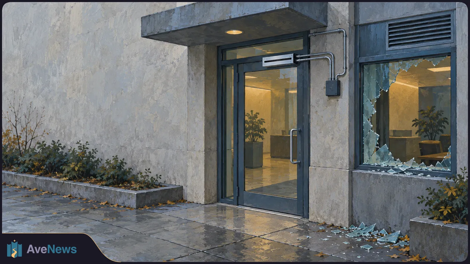 Illustration of a glass-doored building entrance beside a shattered window. Glass shards lie on the wet pavement, and a lit lobby is visible inside. SI illustration