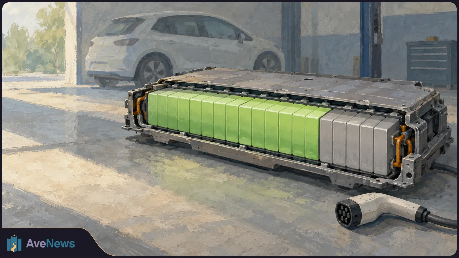 Illustration of an exposed battery pack with green and gray cells on a workshop floor, a white hatchback behind it and a charging connector in the foreground. SI illustration