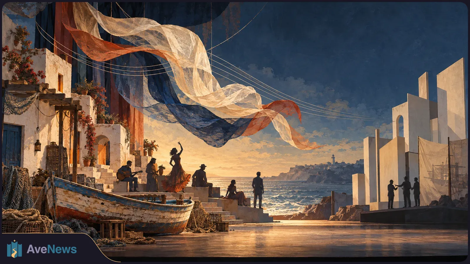 Illustrated seaside stage scene with a weathered boat, a guitarist and dancer on steps, billowing fabric overhead, the sea behind them and white buildings at right. SI illustration