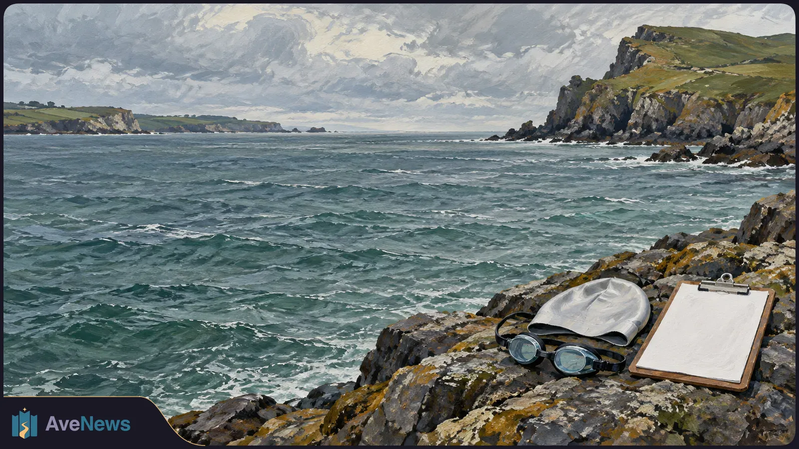 Painted view of choppy sea between rocky cliffs under a cloudy sky, with a swim cap, goggles and blank clipboard on the foreground rocks. SI illustration