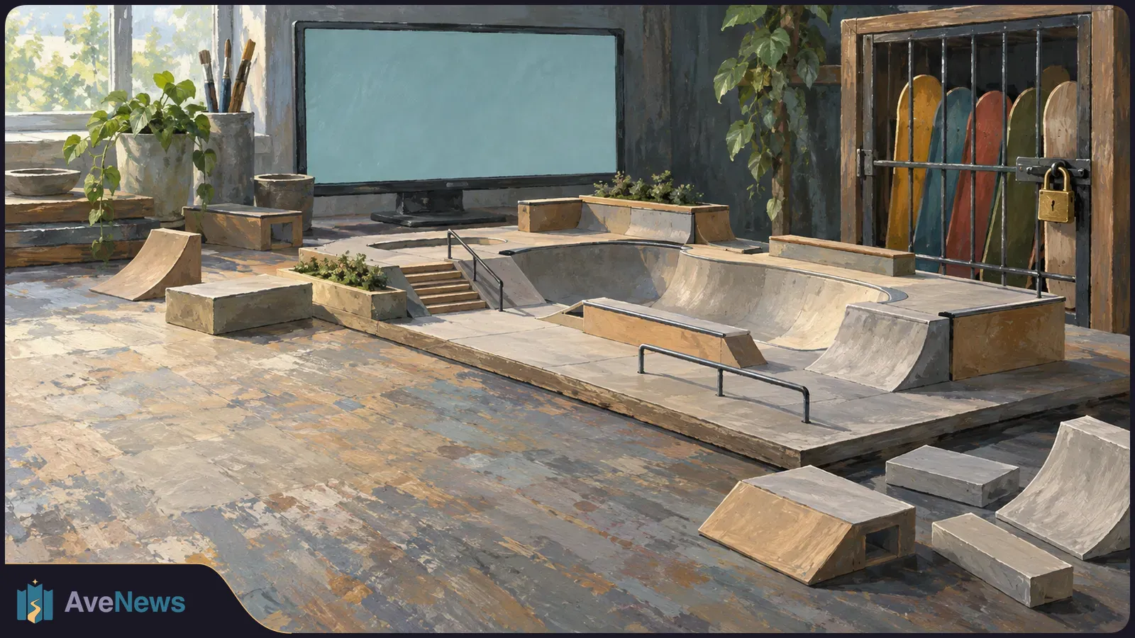 Painted skatepark with ramps and rails, a blank blue screen, and colorful skateboard decks behind a locked gate. SI illustration