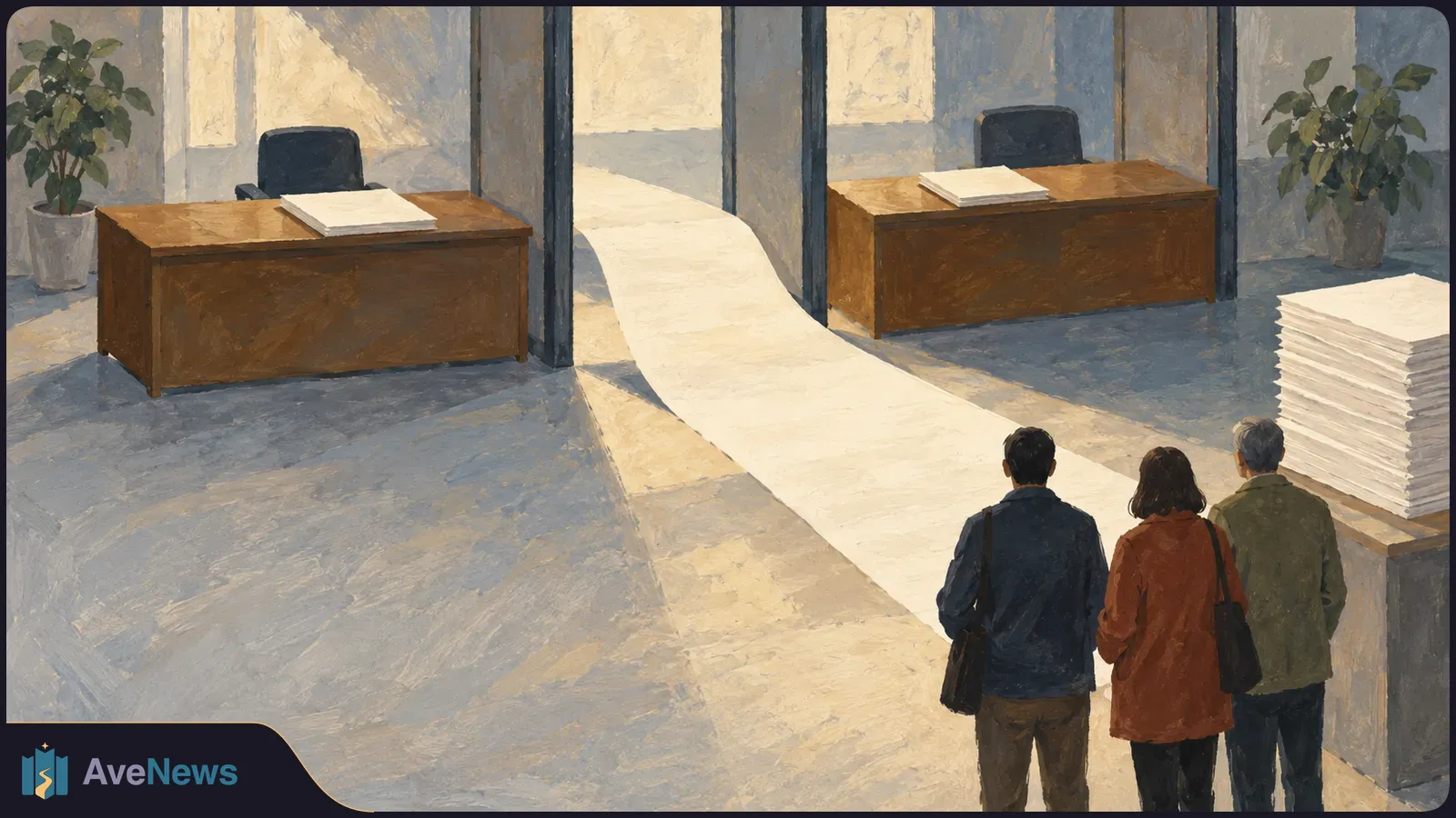 Illustration of three people seen from behind facing two desks. A long white sheet stretches across the floor toward them, beside a tall stack of papers. SI illustration