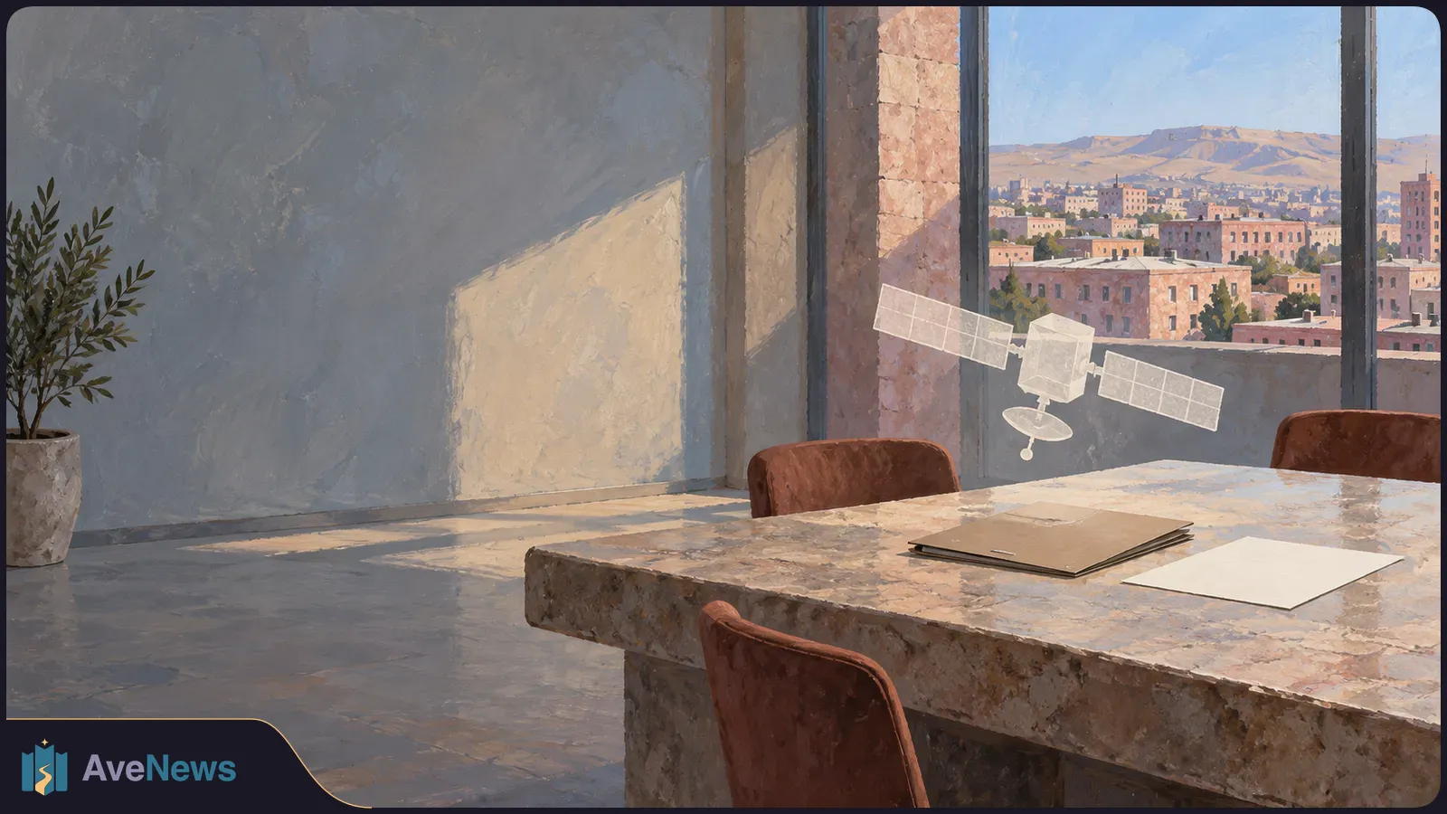 Painted meeting room with a stone table, closed folder and blank sheet; a white satellite illustration floats before a window overlooking a city and hills. SI illustration
