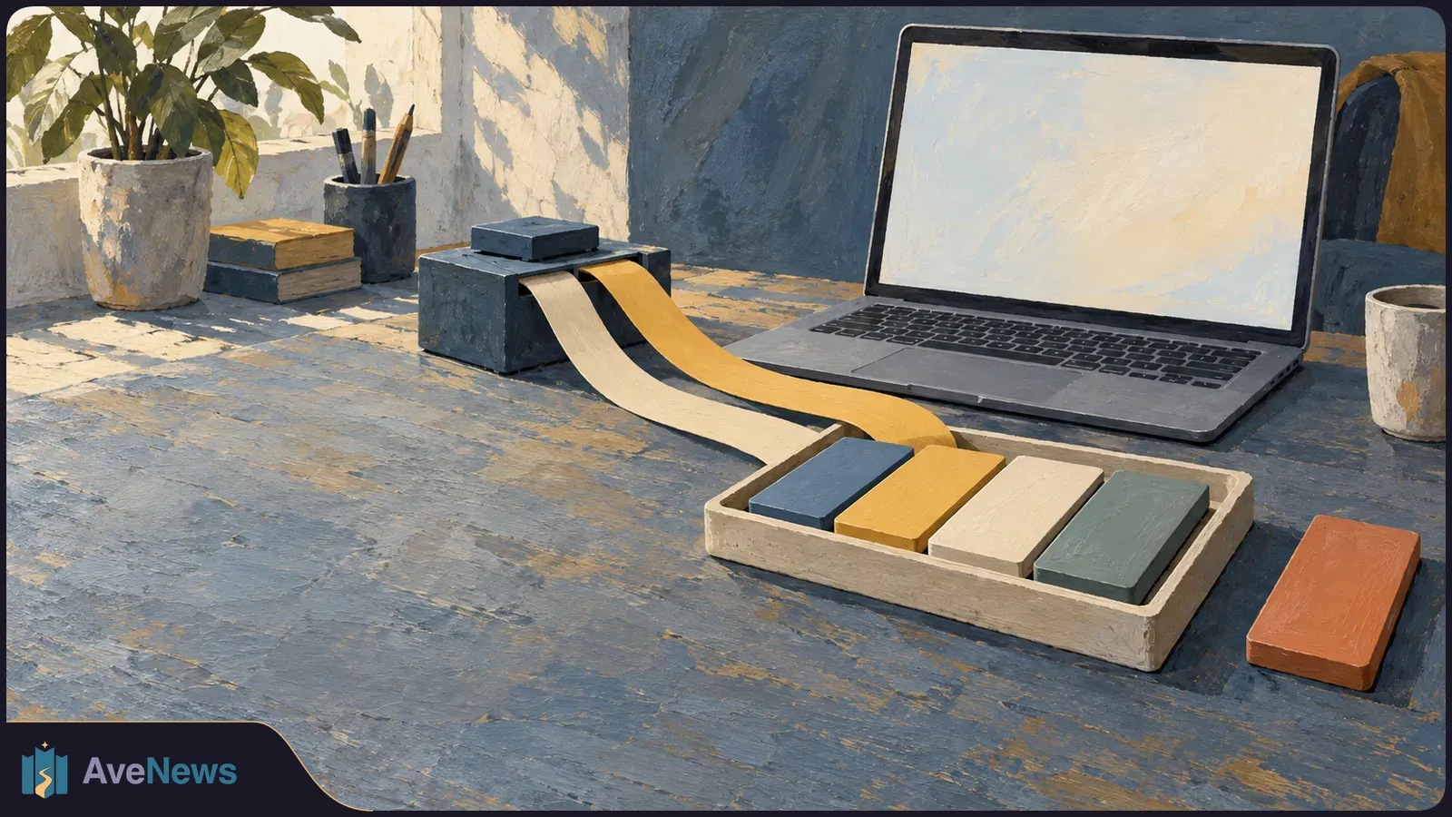 Painted desk scene with a blank-screen laptop beside a box feeding two paper strips toward a tray of colored blocks; a plant, books and pencils sit nearby. SI illustration