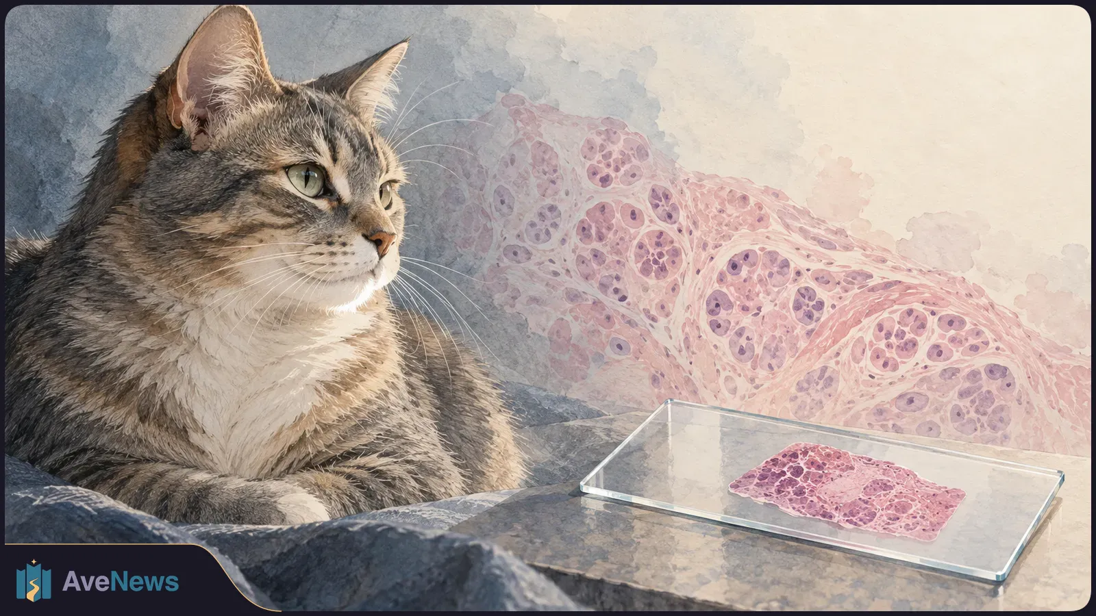 Illustration of a tabby cat beside a glass slide holding a pink-purple tissue sample, with an enlarged tissue pattern behind it. SI illustration