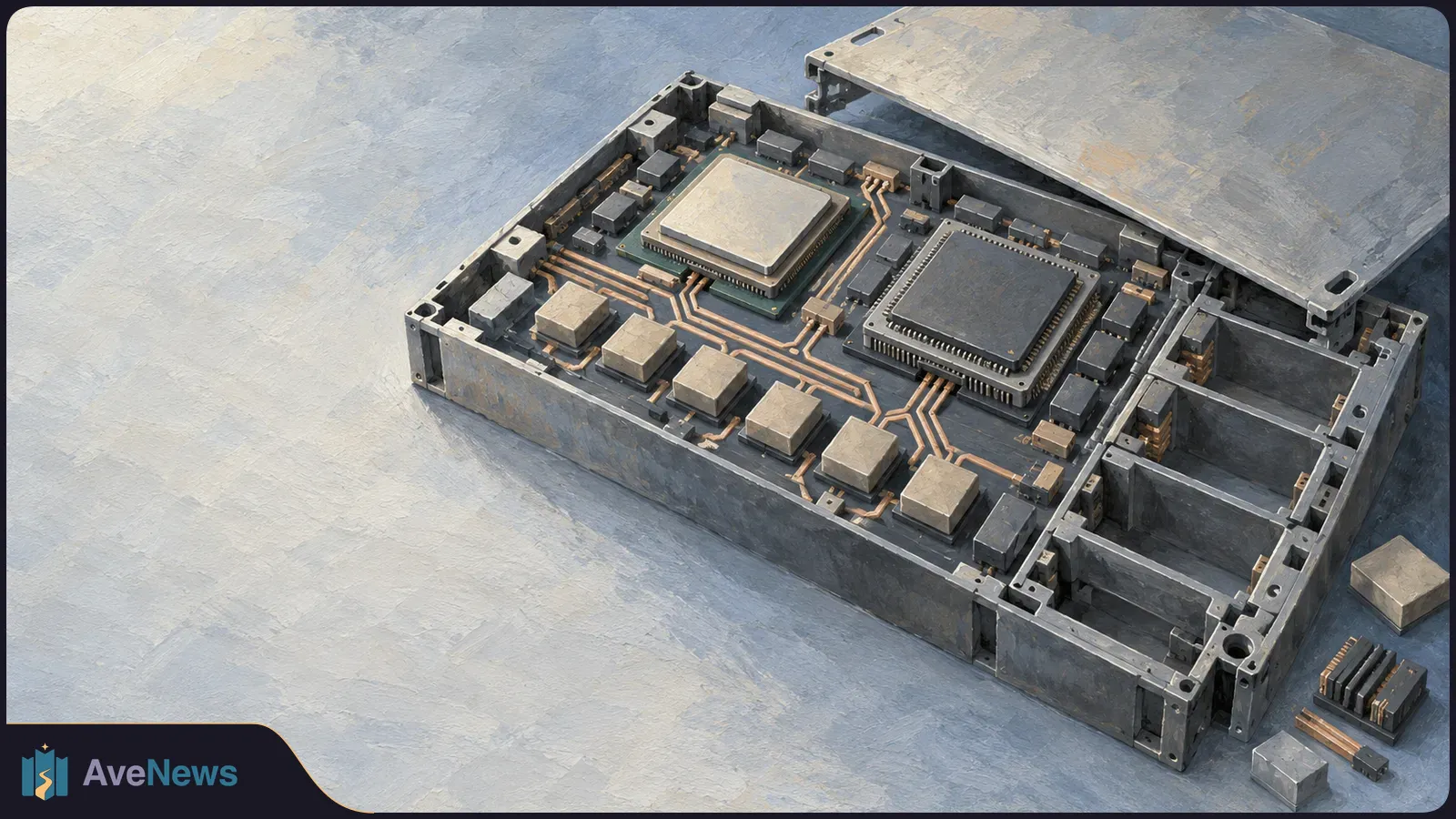 Illustration of an open metal electronics case with two square chips, copper circuit traces and small components; its lid is raised, with loose parts beside it. SI illustration