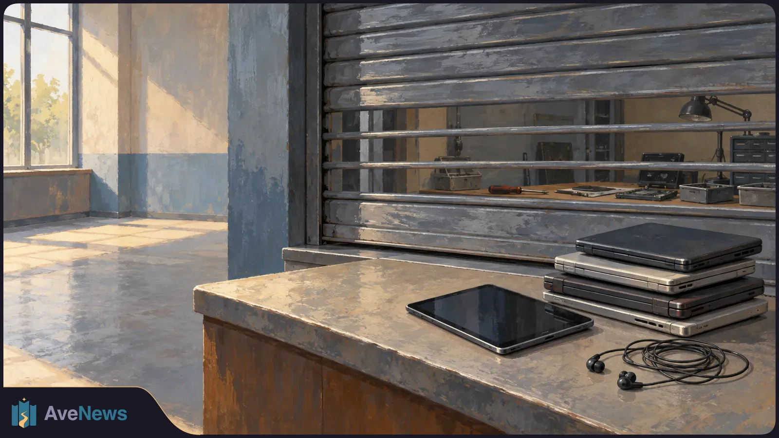 A tablet, wired earbuds and a stack of closed laptops sit on a counter outside a workshop with a partly lowered metal shutter. SI illustration