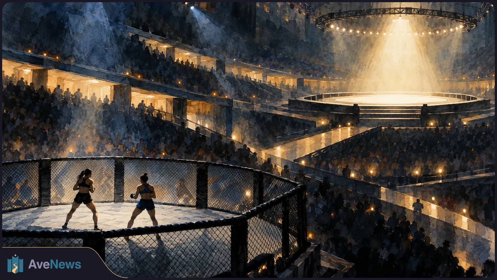 Painterly view of two women facing each other in a fenced fighting cage, with a crowded arena and a brightly lit, empty platform beyond. SI illustration
