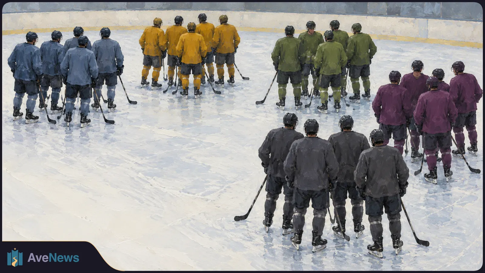 Illustration of five groups of hockey players in blue, yellow, green, purple and gray jerseys standing with sticks on an ice rink. SI illustration