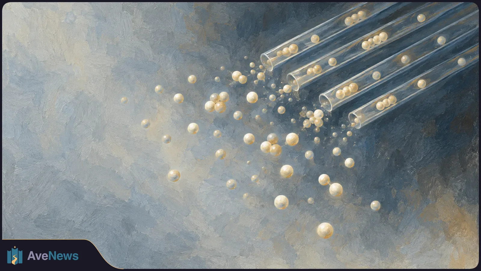 Painted illustration of pale spheres spilling from four narrow transparent tubes into a blue-gray space. SI illustration
