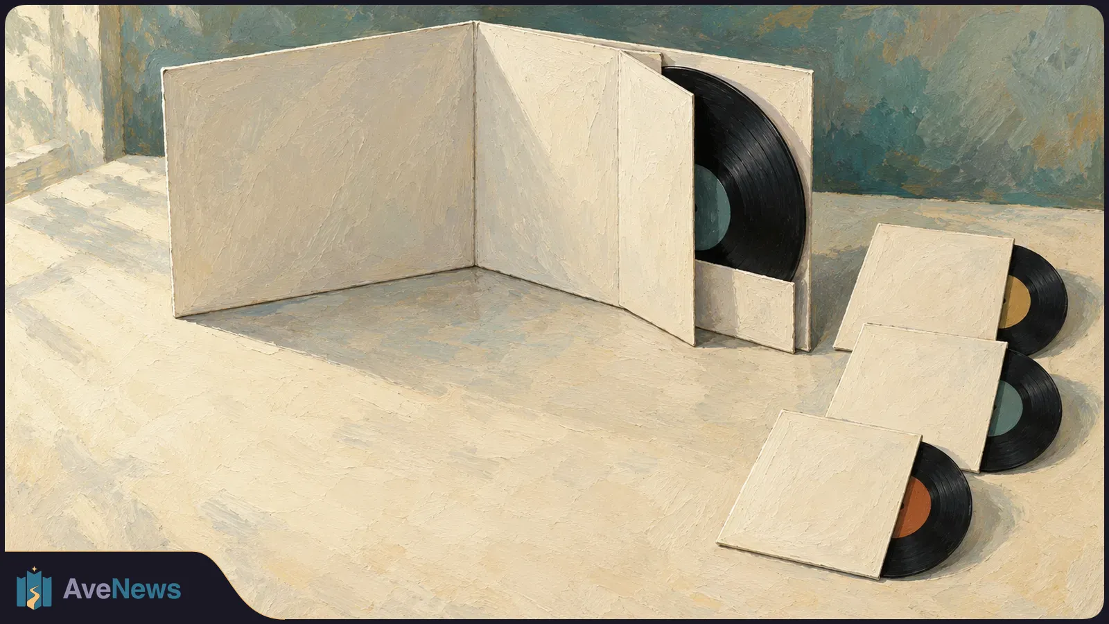 A painted still life of an open cream album sleeve with a black record, beside three smaller sleeved records on a pale tabletop. SI illustration