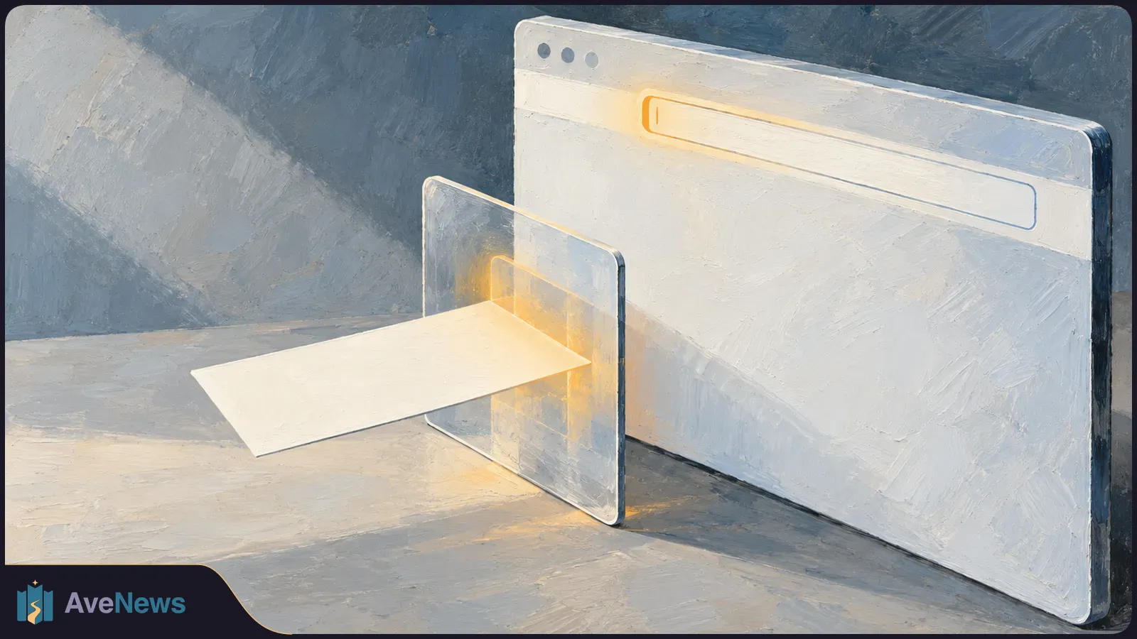 Painted illustration of a blank browser window behind a smaller translucent panel, with a white strip extending from the panel and a warm glow at their edges. SI illustration