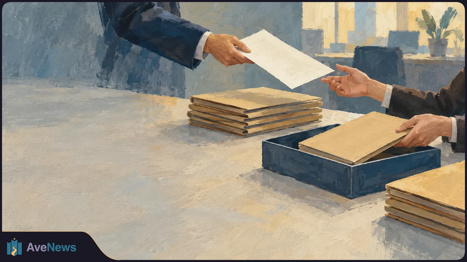 Illustration of two people in suits passing a blank sheet of paper across a desk with stacks of folders and an open document tray. SI illustration