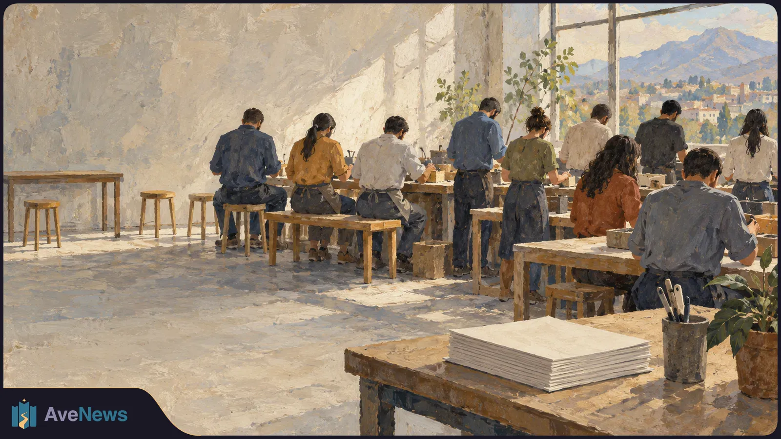Painterly scene of people working at wooden tables in a sunlit room, with a stack of papers in the foreground and mountains visible through large windows. SI illustration