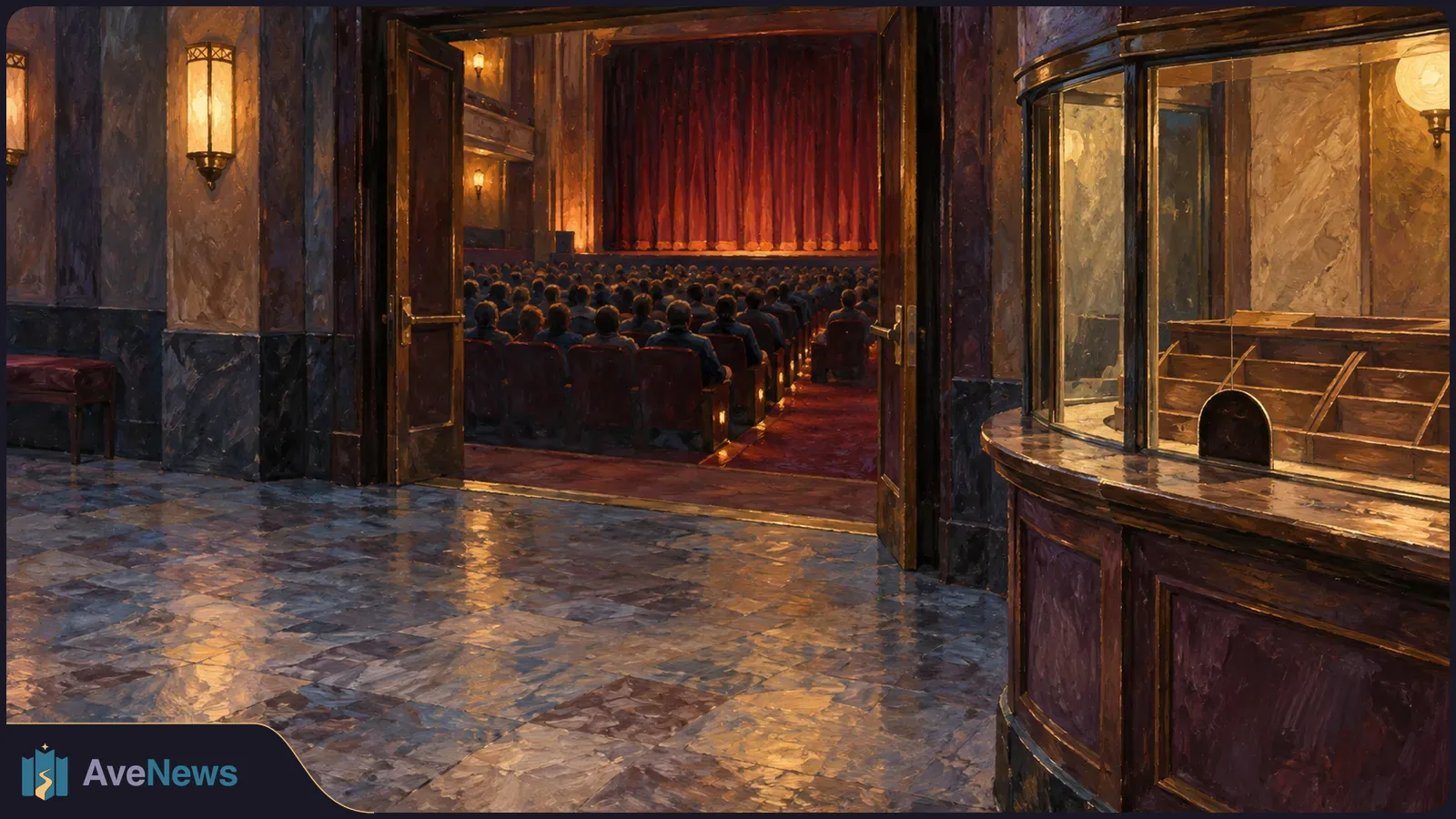 Painted theater lobby with open doors revealing rows of audience members facing a closed red curtain; a glass ticket booth stands at right. SI illustration