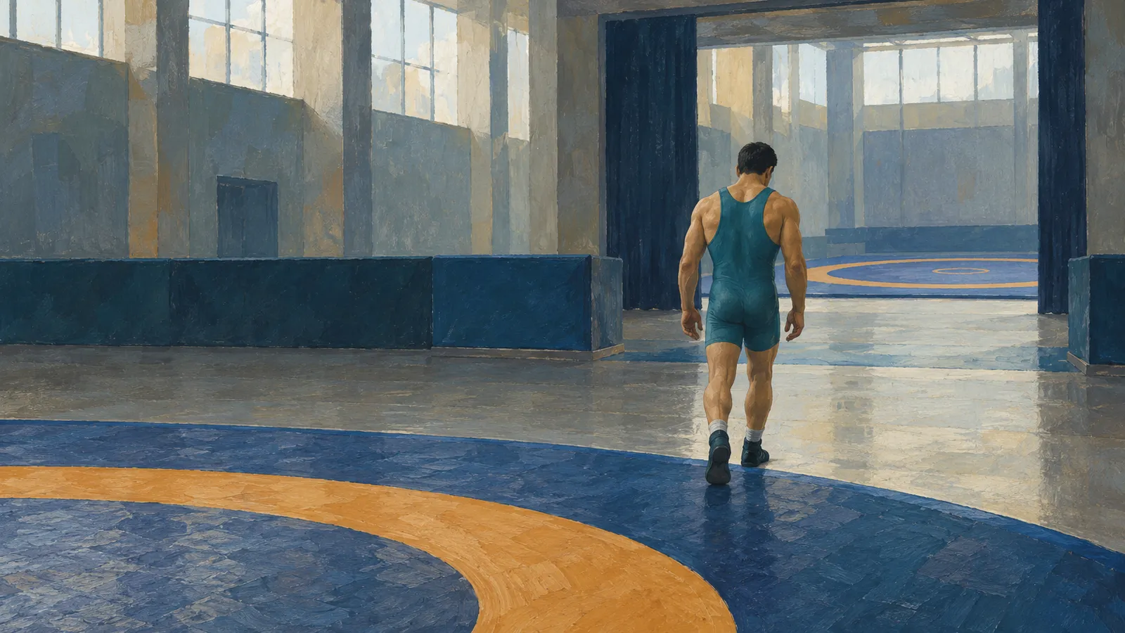 A painted illustration of a wrestler in a teal singlet walking away across a blue-and-orange mat in a sunlit gym. SI illustration