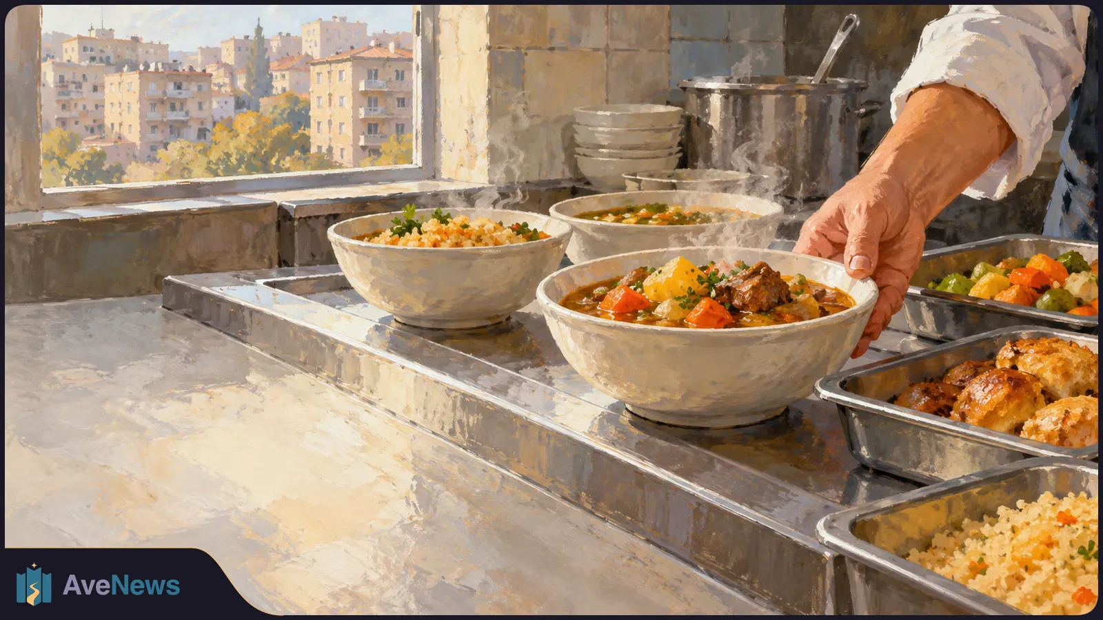 A hand sets down a steaming bowl of stew on a metal counter beside other bowls and trays of food; apartment buildings are visible through a window. SI illustration