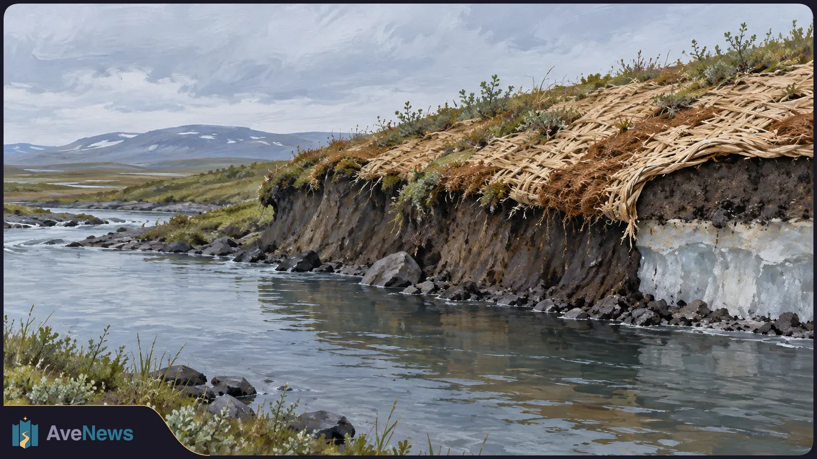 A painted riverside landscape with a woven mat draped over a steep, icy soil bank; sparse plants grow above it, with distant mountains under a cloudy sky. SI illustration