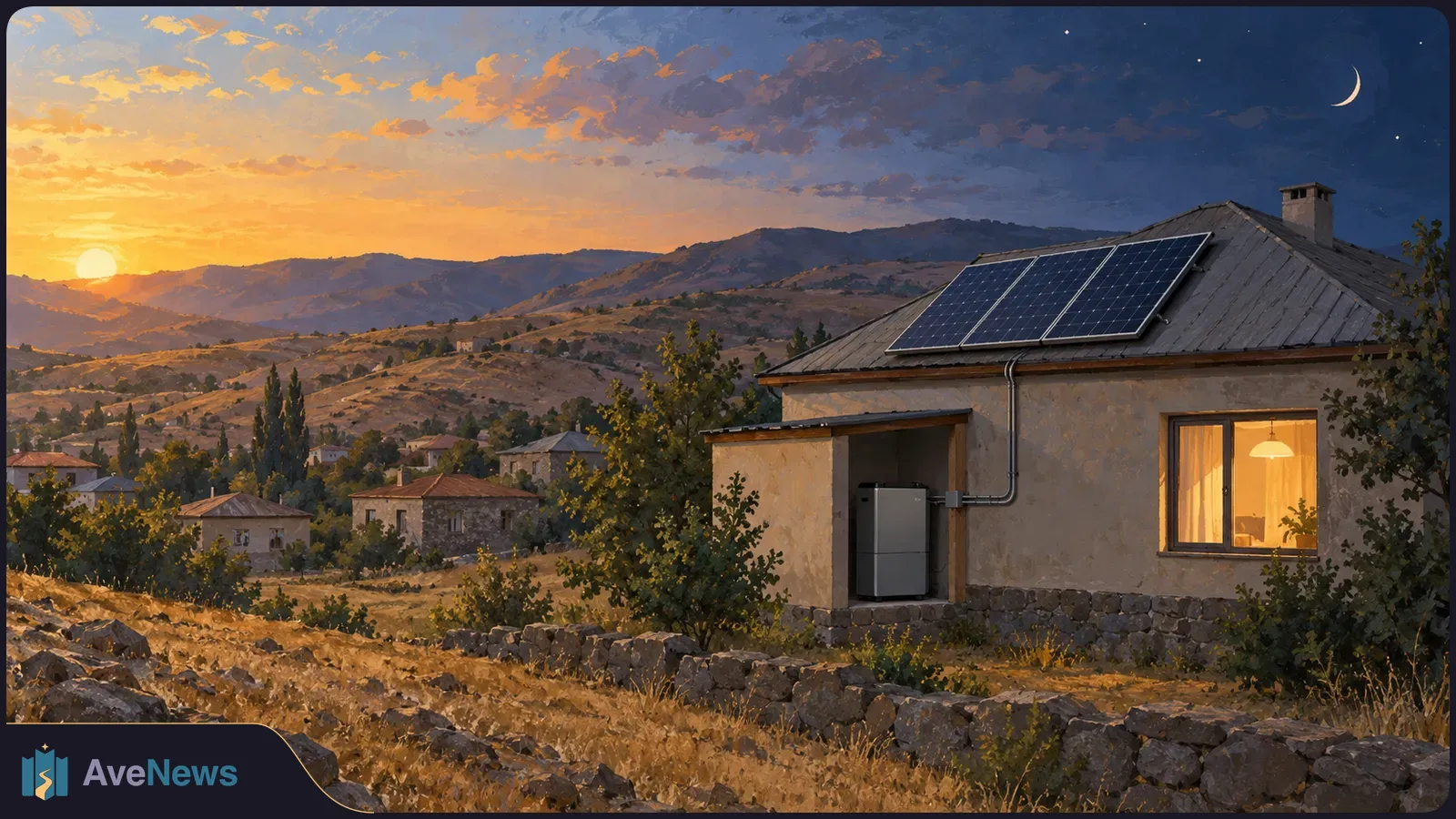 A painted hillside village at dusk, with solar panels on a house roof and a gray storage unit beside the house. The sun sets on one side of the sky while a crescent moon appears on the other. SI illustration