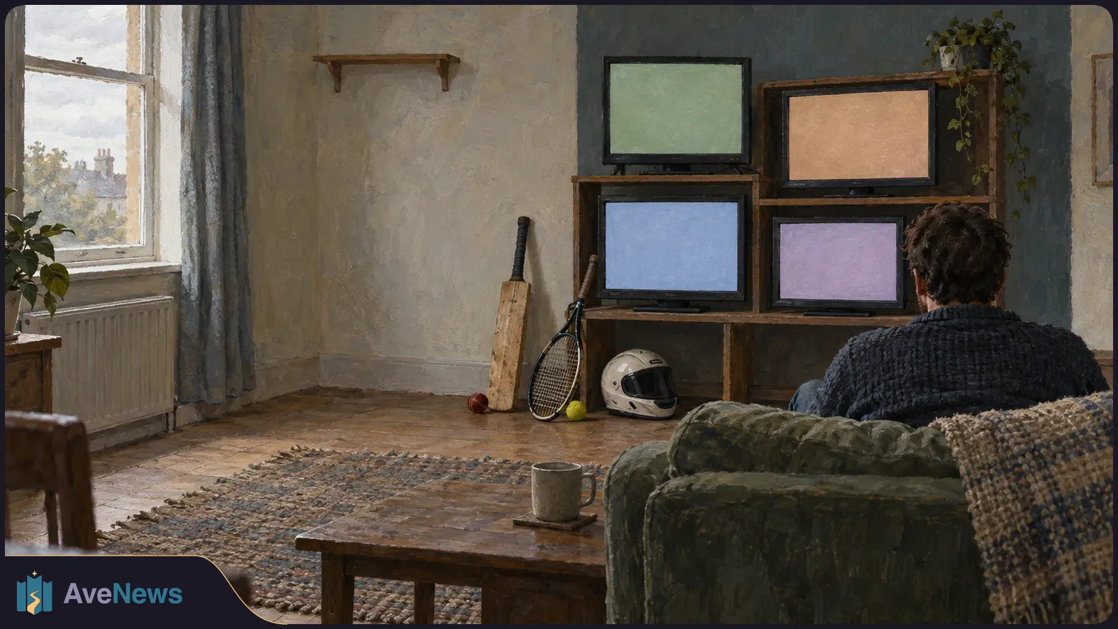 Painterly living room with a person seen from behind facing four pastel-coloured TV screens. A cricket bat, tennis racket, balls and white helmet stand nearby. SI illustration