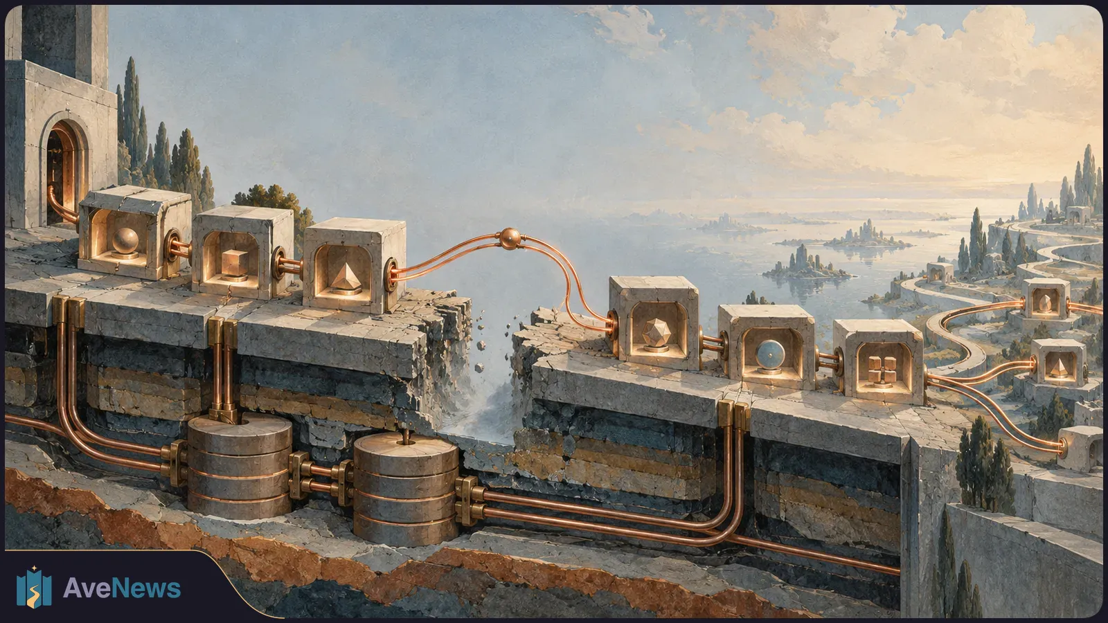 Painterly illustration of stone modules linked by copper cables across a broken platform, with pipes below and a winding road through a distant coastal landscape. SI illustration