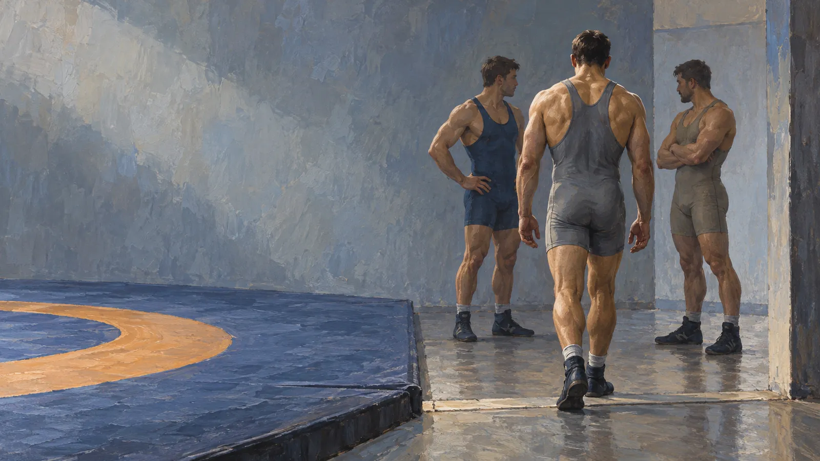 Painterly illustration of three wrestlers in singlets beside a blue mat with an orange circle, one walking toward the other two. SI illustration
