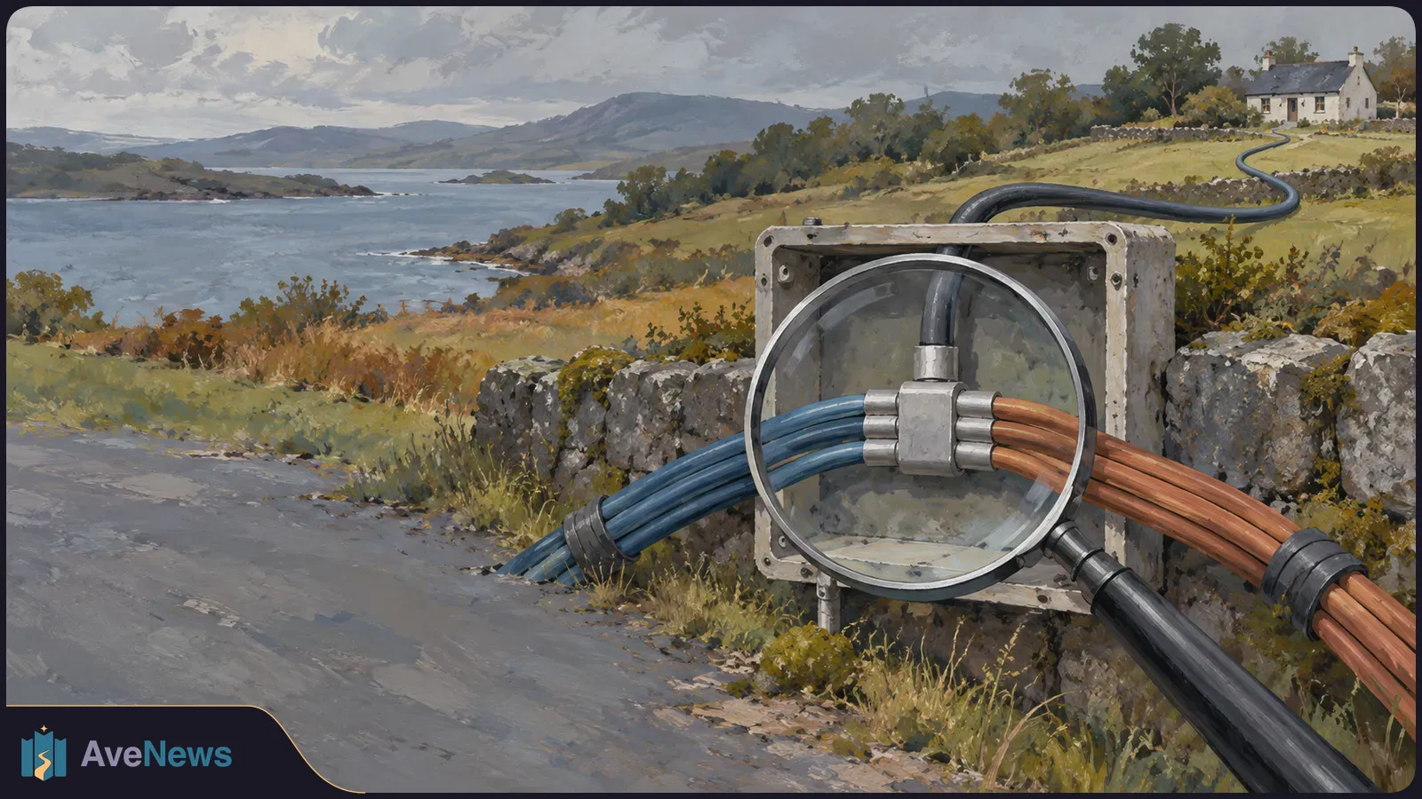 Painted coastal landscape with a magnifying glass over a roadside cable junction; blue and copper-coloured cables enter the box, and a cable winds toward a distant house. SI illustration