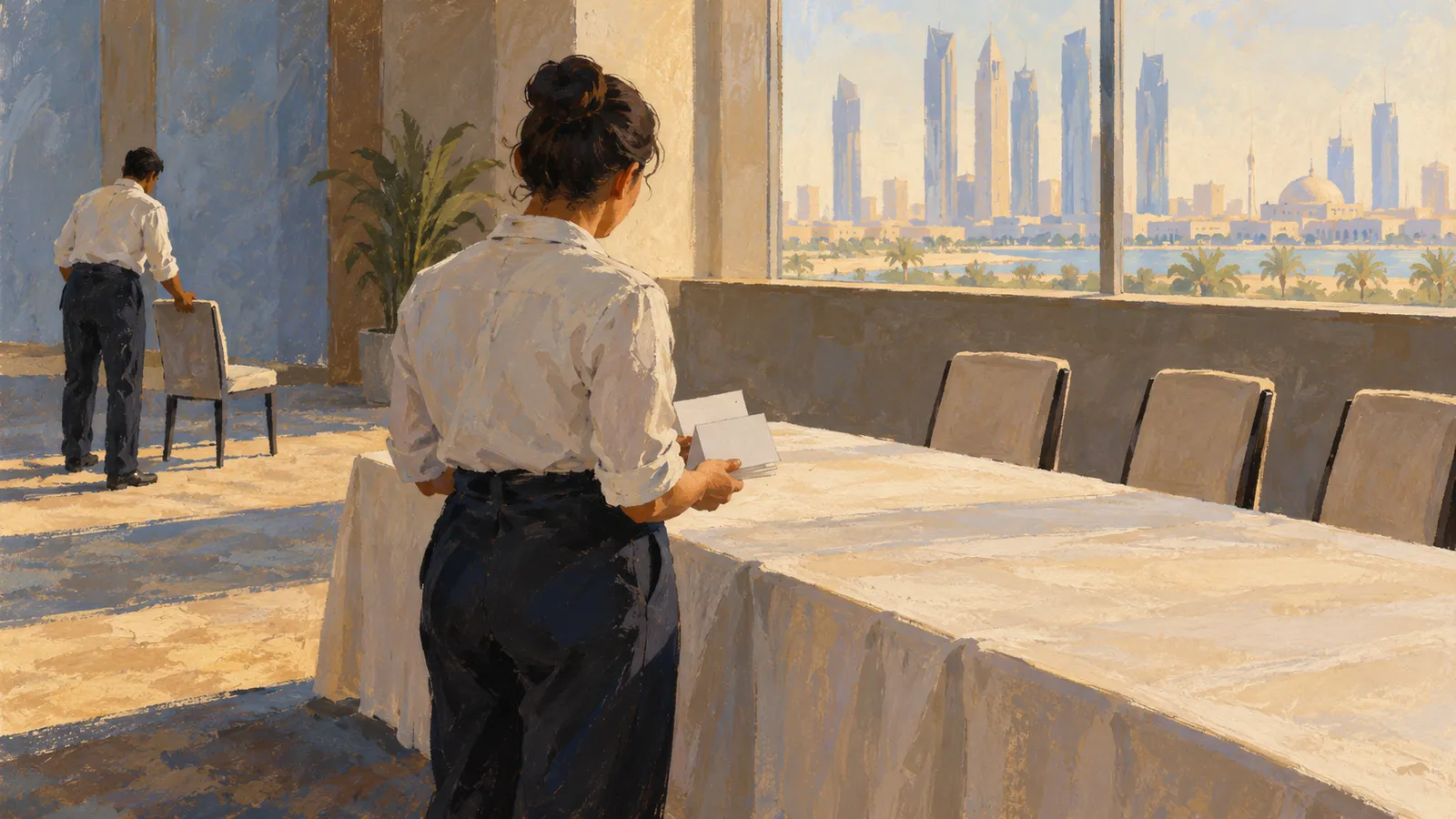 A painted scene of two people arranging a table and chairs in a sunlit room overlooking a waterfront skyline. SI illustration