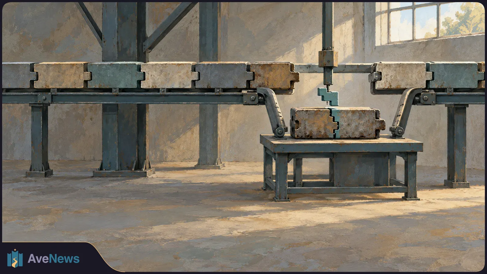 In a sunlit industrial room, worn interlocking blocks line two conveyors. A teal piece hangs above a matching gap between two blocks on a central platform. SI illustration