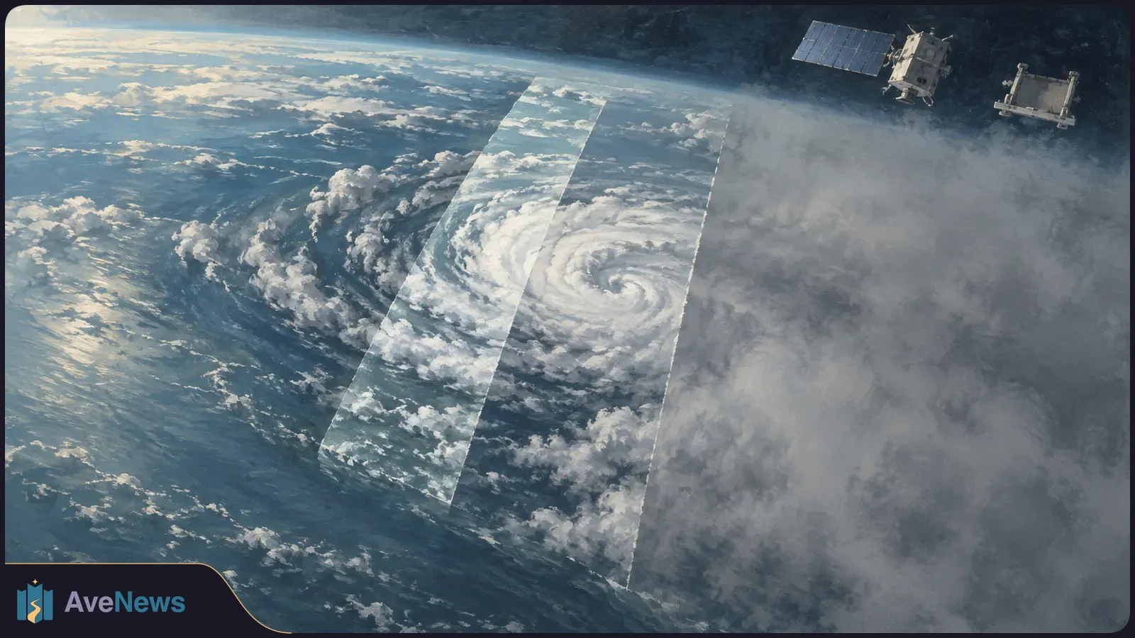 Illustration of two satellites above Earth, with a large swirling storm and translucent bands crossing the cloud cover. SI illustration